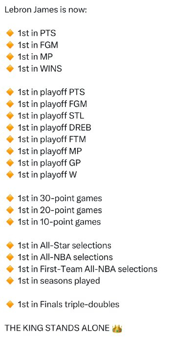 18项历史第一数据成就，让詹姆斯成为NBA史上难以